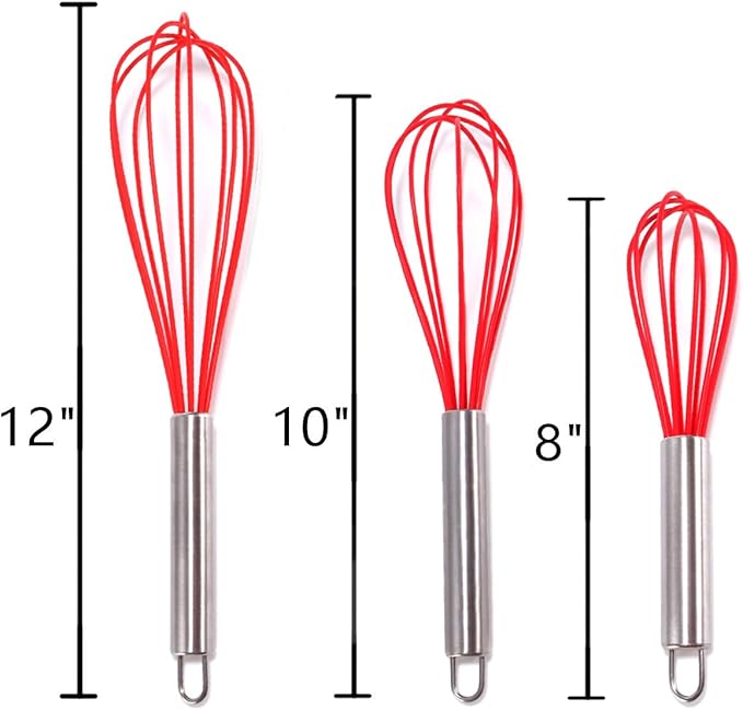 Silicone Whisk set of 3, 8+10+12in Kitchen Balloon Wire Whisks, Hand Egg Mixer Beater for Cooking