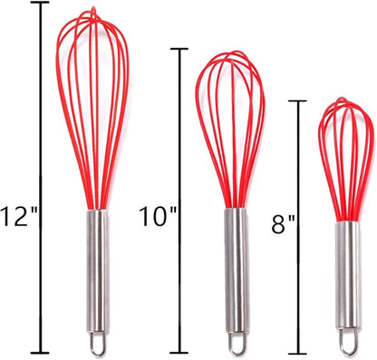 Silicone Whisk set of 3, 8+10+12in Kitchen Balloon Wire Whisks, Hand Egg Mixer Beater for Cooking