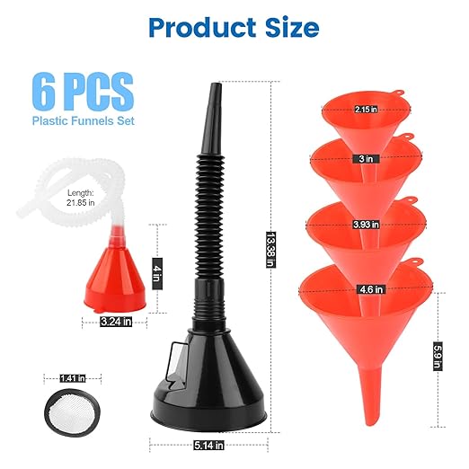6 Pcs Automotive Funnels Set, Plastic Fuel Funnels with Hose, Wide Mouth Flexible Oil Funnels for Automotive Use Filling Water/Gasoline/Coolant/Engine Oil