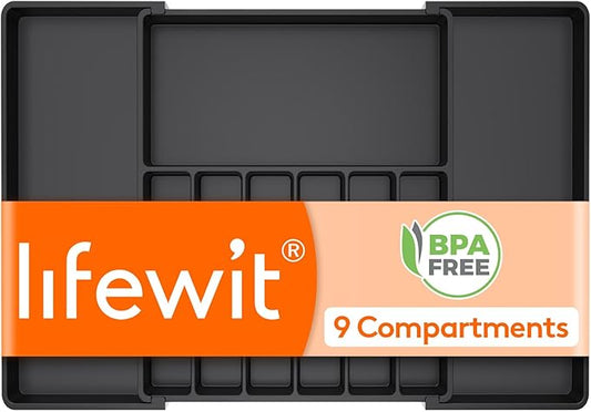 Lifewit Silverware Drawer Organizer, Expandable Utensil Tray for Kitchen, BPA Free Flatware and Cutlery Holder, Adjustable Plastic Storage for Spoons Forks Knives, 18- 33 x 18.5", Black by Lifewit