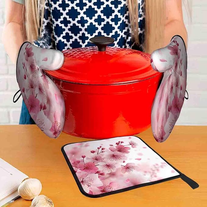 LOKMU Oven Mitts and Pot Holders Set of 3, Watercolor Pink Cherry Blossoms Flowers Heat Resistant Kitchen Gloves Hot Pads for Cooking Baking BBQ, Kitchen Decor Gifts for Cooking Lover Cooks
