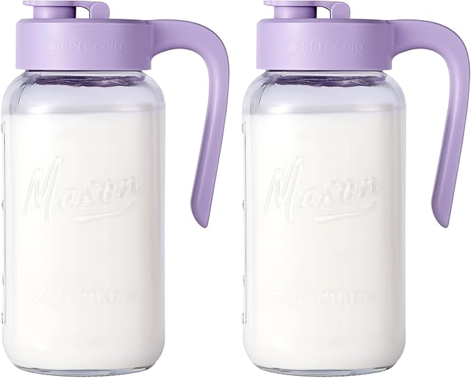 Mason Jar Pitcher - Airtight & Leakproof Glass Pitcher with Lid[set of 2], Perfect for Breastmilk, Cold Brew, and Sun Tea, 2 Quart (64 oz) Mason Jar with Pour Spout Lid by spreccio
