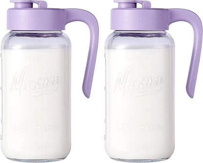 Mason Jar Pitcher - Airtight & Leakproof Glass Pitcher with Lid[set of 2], Perfect for Breastmilk, Cold Brew, and Sun Tea, 2 Quart (64 oz) Mason Jar with Pour Spout Lid by spreccio