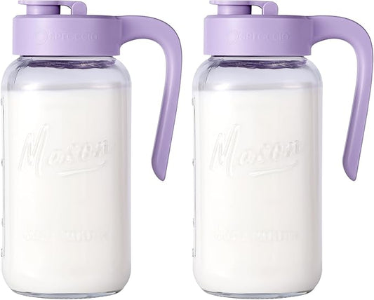 Mason Jar Pitcher - Airtight & Leakproof Glass Pitcher with Lid[set of 2], Perfect for Breastmilk, Cold Brew, and Sun Tea, 2 Quart (64 oz) Mason Jar with Pour Spout Lid by spreccio