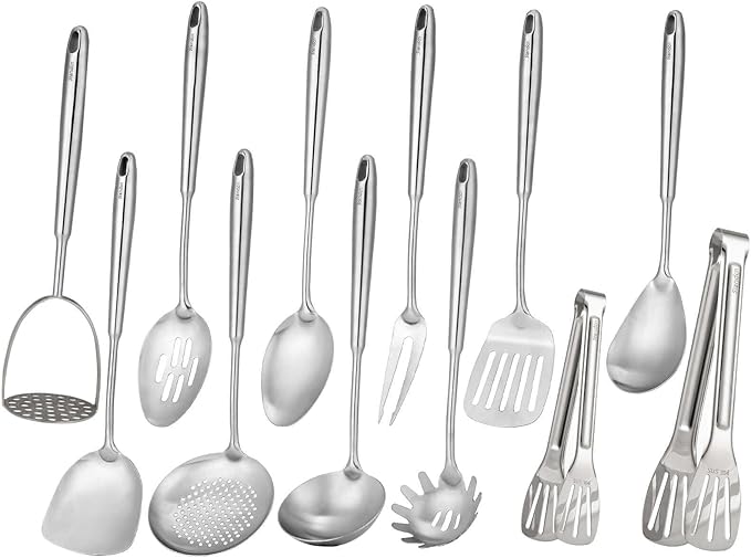 18/10 Stainless Steel Kitchen Utensils Set - 12 PCS All Metal Cooking Tools & 15″ Serving Utensils - Potato Masher, Meat Fork, Tongs, Turner, Pasta, Serving Spoon, Skimmer, Ladle, Spatula Spoon Set by Standcn