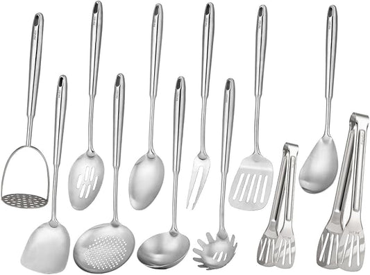 18/10 Stainless Steel Kitchen Utensils Set - 12 PCS All Metal Cooking Tools & 15″ Serving Utensils - Potato Masher, Meat Fork, Tongs, Turner, Pasta, Serving Spoon, Skimmer, Ladle, Spatula Spoon Set by Standcn