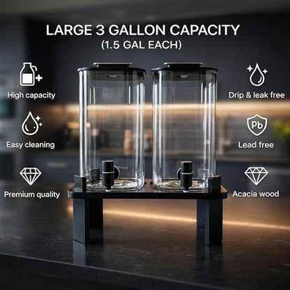 2 PCS 3 Gallon Drink dispenser, Glass Beverage Dispenser With Wood Stand, Large Water Drink Dispensers For Spa, for bars, office waiting room beverage dispenser modern Black - Image 4