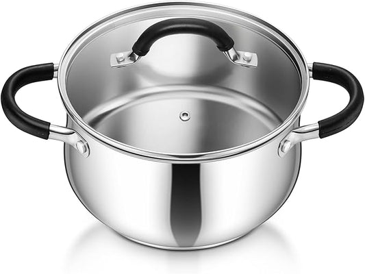 P&P CHEF Stainless Steel Stock Pot, 4 Qt Cooking Soup Pot with Visible Lid for Pasta, Tri-Ply Bottom & Dual Heatproof Handles, For Induction Gas All Stoves, Non-Toxic & Dishwasher Safe by PPCHEF
