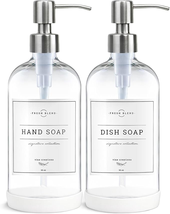 Vine Creations Clear Glass Soap Dispenser, 2 Pack Kitchen Soap Dispenser Set with Stainless Steel Pump, 16 oz Hand Soap or Dish Soap for Bathroom or Kitchen with Waterproof Labels by VineCreations