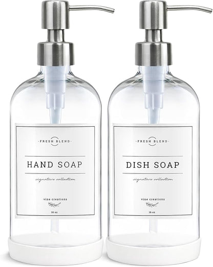 Vine Creations Clear Glass Soap Dispenser, 2 Pack Kitchen Soap Dispenser Set with Stainless Steel Pump, 16 oz Hand Soap or Dish Soap for Bathroom or Kitchen with Waterproof Labels by VineCreations