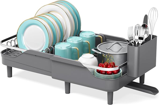 Urackify Expandable Dish Rack for Kitchen Counter, 16.14"-23.62" Large Stainless Steel Dish Drying Rack with Adjustable Water Spout, Space Saving Dish Drainer with Auto Draining Cutlery Holder,Grey - Image 9