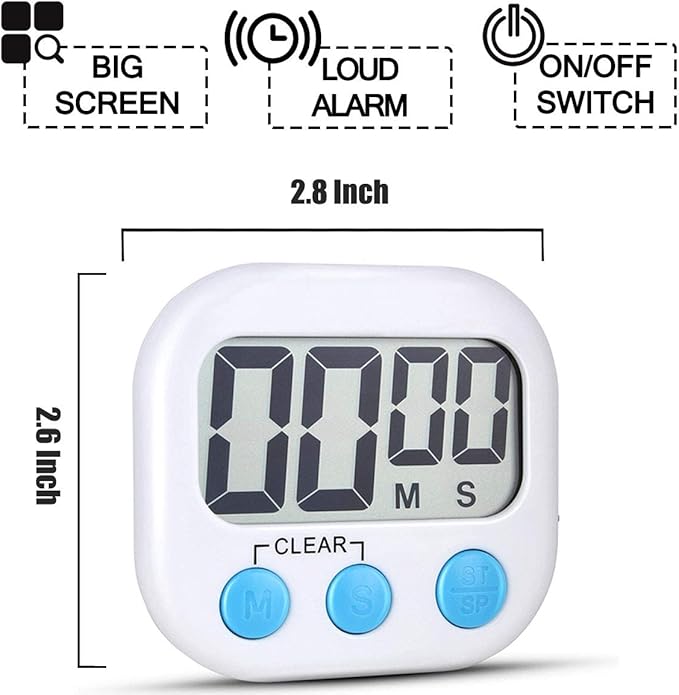 2 Pack Digital Kitchen Timer for Cooking Big Digits Loud Alarm Magnetic Backing Stand Cooking Timers for Baking White - Image 6