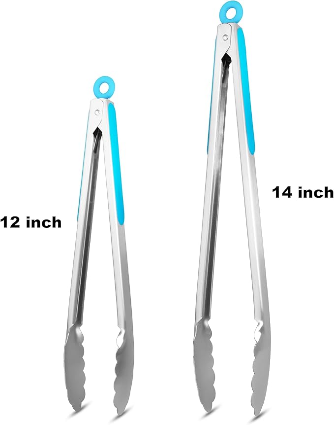304 Stainless Steel Kitchen Cooking Tongs, 12" and 14" Set of 2 Sturdy Grilling Barbeque Brushed Locking Food Tongs with Ergonomic Grip, Blue - Image 4