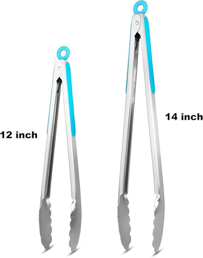 304 Stainless Steel Kitchen Cooking Tongs, 12" and 14" Set of 2 Sturdy Grilling Barbeque Brushed Locking Food Tongs with Ergonomic Grip, Blue - Image 4