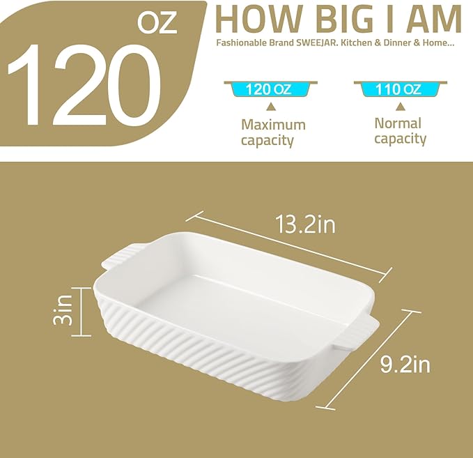 Sweejar Ceramic 13 x 9 Baking Pan, Cake Baking Dish for Brownie, Porcelain Striped Casserole Dishes for Oven with Handle for Lasagna, Family Dinner(Turquoise) - Image 3