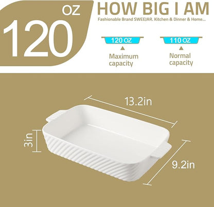 Sweejar Ceramic 13 x 9 Baking Pan, Cake Baking Dish for Brownie, Porcelain Striped Casserole Dishes for Oven with Handle for Lasagna, Family Dinner(Beige) - Image 3