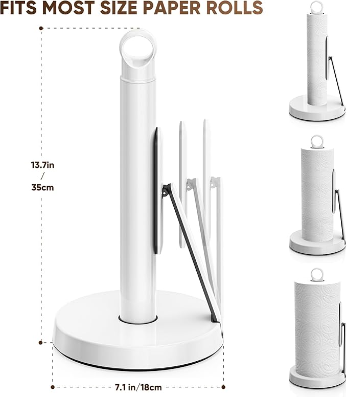 theaoo Heavy-Duty Stainless Steel Paper Towel Holder with Tension Arm – Easy One-Handed Tear, Modern Standing Countertop Dispenser for Kitchen, Holds All Paper Towel Rolls (1, White) - Image 2