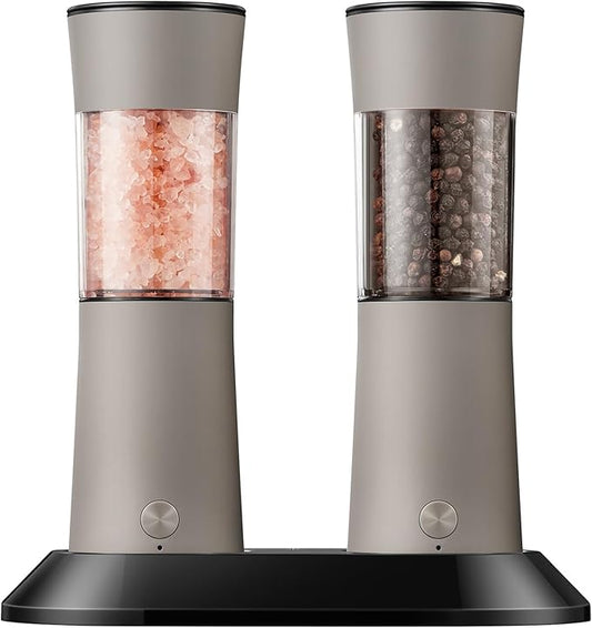 Electric Salt and Pepper Grinder Set with USB-C Charging Base,Rechargeable Automatic Stainless Steel Pepper Mill Grinder with LED Light, 2pack(Brown)