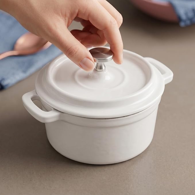 Flavehc Mini Cocotte 16 oz Mini Dutch Oven 0.5 qt. Cast Iron Garlic Roaster for Oven Garlic Confit Pot Ramekins with Lids Oven Safe Set of 2, White