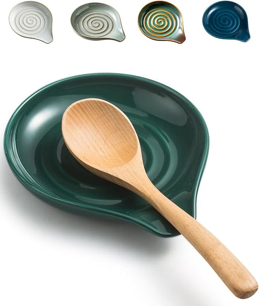 LAUCHUH Spoon Rest for Stove Top, 5 inch Ceramic Cooking Spoon Holder for Kitchen Countertop, Heat-Resistant Large Utensil Rest for Mother's Day, Spatula, Ladle or Tongs, Green