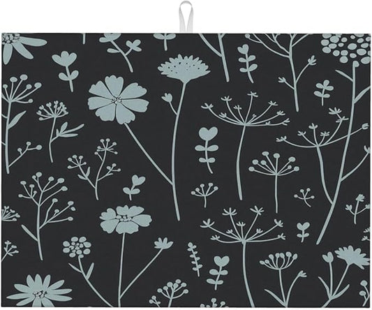 Gray Flower Dish Drying Mats for Kitchen Counter, Large 18"x24" Dish Mats for Drying Dishes, Microfiber Absorbent Dish Drying Pad Rack Mat Kitchen Decor Reusable Washable