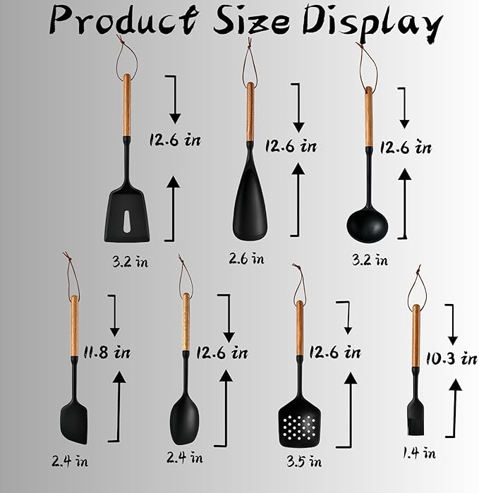 Exquisite Silicone Cooking Utensils Set - Non-Toxic, Heat-Resistant Kitchen Utensils Set with Food-Grade Silicone & Wood Handles - Includes Spatula & Spoon for Non-Stick Cookware, Black - Image 9