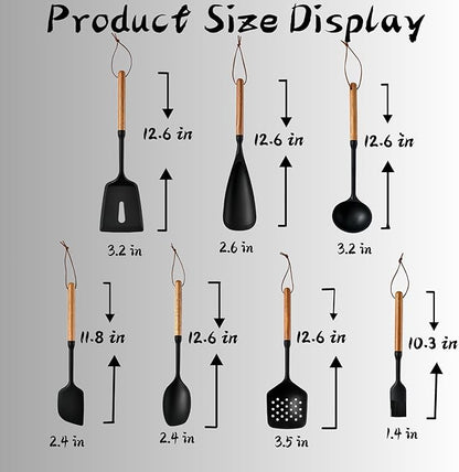 Exquisite Silicone Cooking Utensils Set - Non-Toxic, Heat-Resistant Kitchen Utensils Set with Food-Grade Silicone & Wood Handles - Includes Spatula & Spoon for Non-Stick Cookware, Black - Image 9