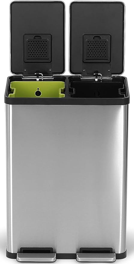 Simpli-Magic 60 Liter / 16 Gallon Rectangular Hands-Free Dual Compartment Recycling Kitchen Step Trash Can with Soft-Close Lid, Brushed Stainless Steel (30L x 30L Capacity) by Simpli-Magic