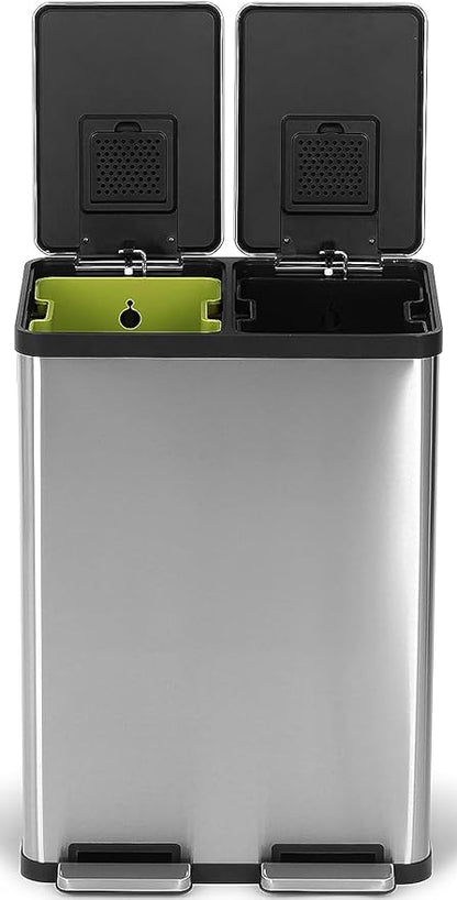 Simpli-Magic 60 Liter / 16 Gallon Rectangular Hands-Free Dual Compartment Recycling Kitchen Step Trash Can with Soft-Close Lid, Brushed Stainless Steel (30L x 30L Capacity) by Simpli-Magic