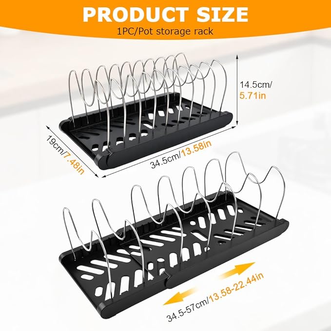 Expandable Pot and Pan Organizer Rack for Kitchen Cabinet or Under Sink,with 10 Adjustable Compartment 13"-23" Adjustable Length for Lids Bakeware Frying Rack and Cookware(COLOR:Black)