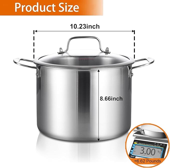 DELARLO Tri-Ply Stainless Steel Soup Pot 12QT, Tri-ply Big Pots for Cooking, 18/10 whole clad Stainless Steel Pot, Fast Even Heat, 12 QT Stock cookware with Lid, Pasta Pot, Induction Ready Up to 600℉ - Image 2