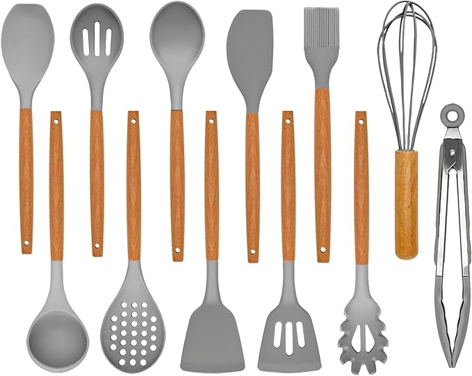 Kitchen Utensils Set - 12 Pcs Silicone Cooking Utensils Set with Wooden Handle - Heat Resistant Non-Stick BPA Free Spatula Set,Turner, Spoon, Brush, Silicone Kitchen Gadgets Utensil Set by SOFSNFood-gradeSiliconeKit