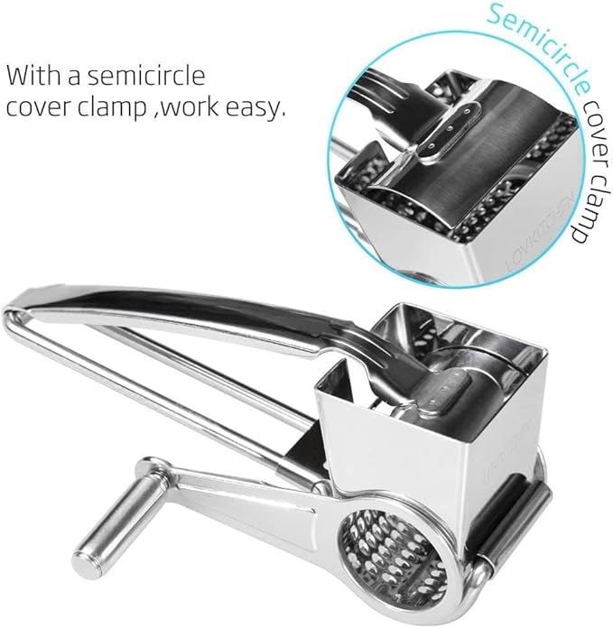 Stainless Steel Single Drum Rotary Cheese Grater, Multipurpose Rotary Cheese Grater with 3 Different Rotatable Drums for Parmesan, Mozzerella, Vegetables and More