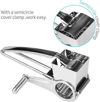 Stainless Steel Single Drum Rotary Cheese Grater, Multipurpose Rotary Cheese Grater with 3 Different Rotatable Drums for Parmesan, Mozzerella, Vegetables and More