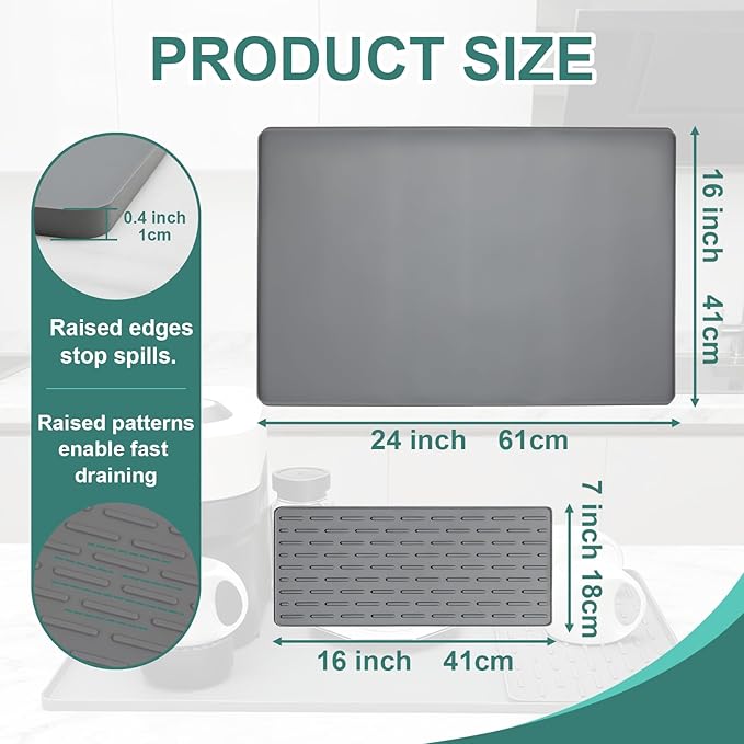 Silicone Coffee Mat, 24"X16" Heat-Resistant,Eco-friendly,Hygienic Drying Pad,Leak-Proof and Non-Slip,Removable Silicone Mat with Concave and Convex Design,（Gray 24X16） - Image 4