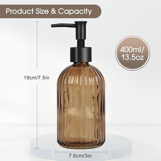 13.5oz Stripe Glass Soap Dispenser with Black Plastic Pump, 400ml Liquid Hand Soap Dispenser, Rustproof Pump for Kitchen & Bathroom, Great for Lotions, Essential Oil, Liquid Soaps-Amber - Image 4