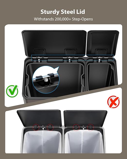 Dual Trash and Recycling Bins for Kitchen, 13.2 + 5.2 Gal (50+20L) Stainless Steel Trash and Recycle Bin Combo with Soft-Close Lid, Large Garbage Cans for Kitchen Home with 2 Magnets Sticker, Brown