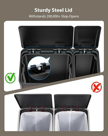 Dual Trash and Recycling Bins for Kitchen, 13.2 + 5.2 Gal (50+20L) Stainless Steel Trash and Recycle Bin Combo with Soft-Close Lid, Large Garbage Cans for Kitchen Home with 2 Magnets Sticker, Brown