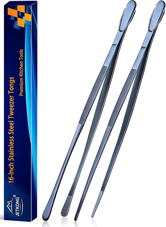 JETKONG 2 Pcs 16-Inch Heavy Duty Cooking Tweezers Extra Long Stainless Steel Kitchen Tweezers Large Plating Tongs (Navy Blue) by JETKONG