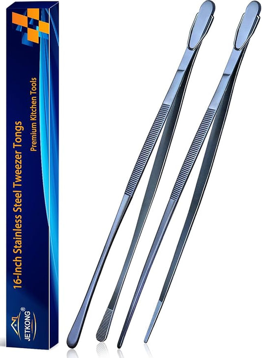 JETKONG 2 Pcs 16-Inch Heavy Duty Cooking Tweezers Extra Long Stainless Steel Kitchen Tweezers Large Plating Tongs (Navy Blue) by JETKONG