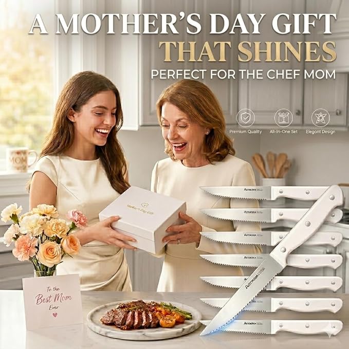 Astercook Steak Knives, Steak Knives Set of 8, High Carbon Stainless Steel Steak Knife Set with Full Tang Handle, Dishwasher Safe Serrated Knife, Elegant Cream White Mothers Day Gifts