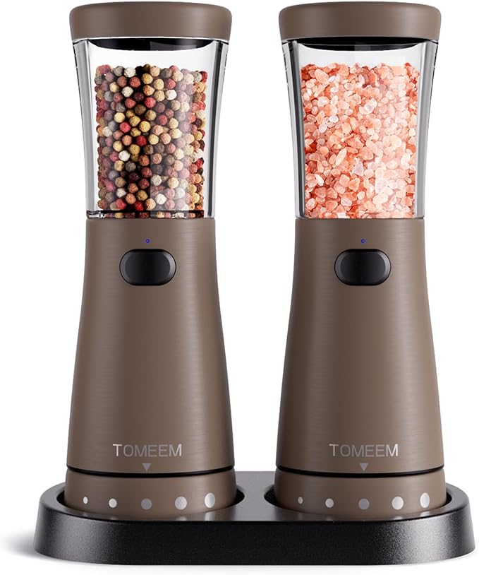 Electric Salt and Pepper Grinder Set with Storage Base, Stainless Steel Rechargeable Salt and Pepper Grinder Set with 4.5 oz Large Capacity, 1.8" Wide Mouth, Adjustable Coarseness, Ideal for Kitchen by Tomeem
