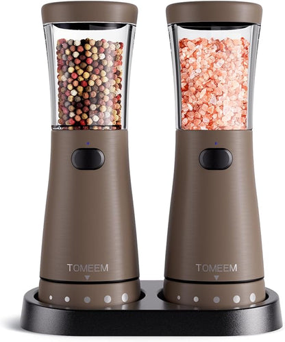 Electric Salt and Pepper Grinder Set with Storage Base, Stainless Steel Rechargeable Salt and Pepper Grinder Set with 4.5 oz Large Capacity, 1.8" Wide Mouth, Adjustable Coarseness, Ideal for Kitchen by Tomeem
