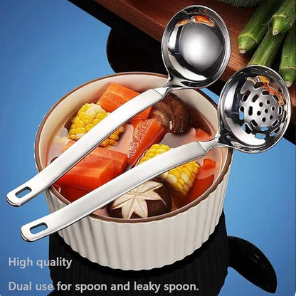 Collfa Small Soup Ladle Metal SUS304 Stainless Steel Ladles Spoon And Slotted Colander Spoon Set Soup Ladle With Holes Strainer Scoop Ladles For Serving Gravy Hot Pot Or Restaurant,2 Piece Set