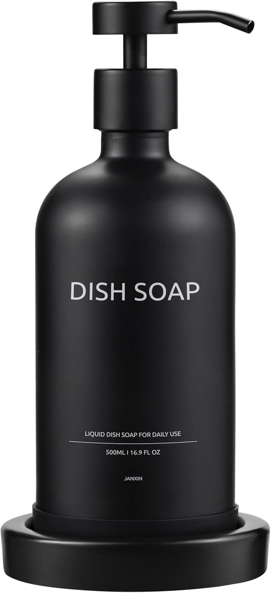 Glass Soap Dispenser Bathroom Set by Janxin, Foaming Kitchen soap Dispenser with Ceramic Tray for Dish Soap, Liquid Soap Dispenser for Hand Soap, Lotion, Body Wash (Black)