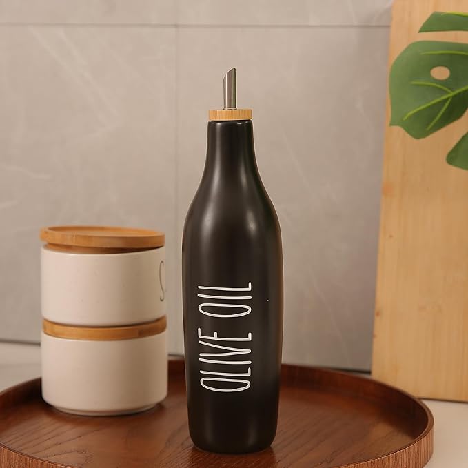 HOMCDALY Ceramic Olive Oil Dispenser for Kitchen, Stoneware 16oz Oil Cruet and Vinegar Bottles Dispenser, Kitchen Dispenser Bottle for EVOO Vinegar Syrups, Modern Farmhouse Design(B-O) - Image 6