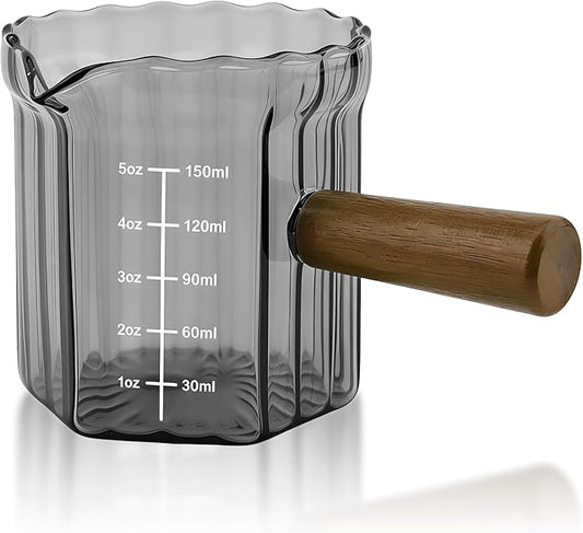 Espresso Measuring Cup 5 Oz, Espresso Glass Cups with Wood Handle, Milk Frothing Cup, Espresso Cup for Coffee, Milk, Tea or Maple Syrup Serving (Gray, 5 oz)