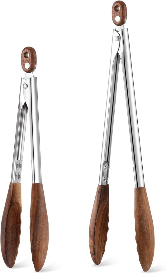 Baderke 2 Pcs Kitchen Tongs for Cooking Wooden Utensil Set Salad Tongs with Wood Tips for Serving Salad Flipping Burgers Grilling and Much More (11.4 Inch and 14.6 Inch,Walnut Wooden)