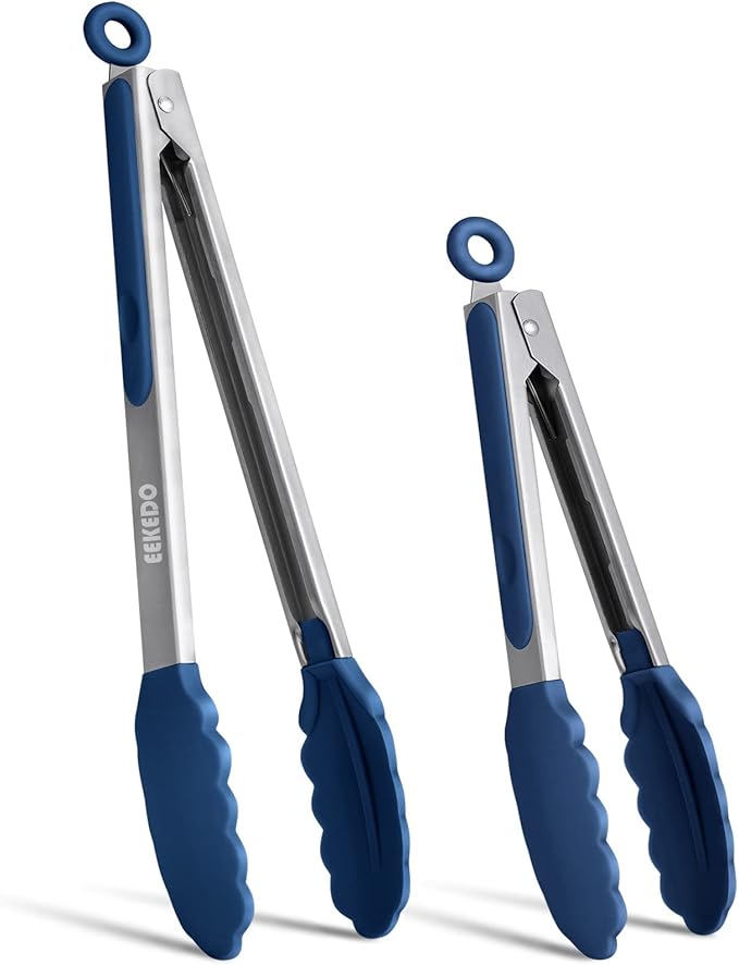 Tongs for Cooking, 600ºF High Heat-Resistant Stainless Steel Kitchen Tongs with Silicone Tips, Non Scratch, Locking Tong for BBQ Grilling Air Fryer Food Salads, Set of 2 (9" and 12") Navy Blue by EEKEDO