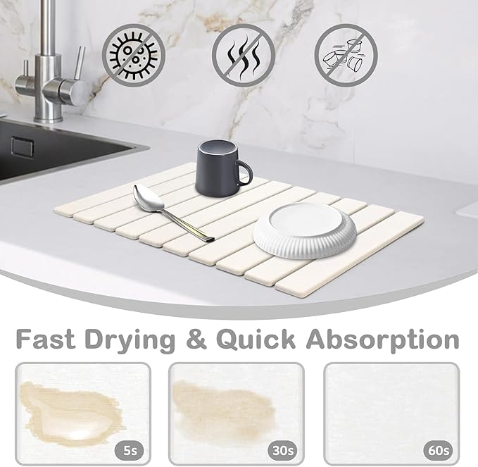 Large Stone Dish Drying Mat for Kitchen Counter, 24"(L)×16"(W), Collapsible Quick Drying Mat, Absorbent Eco-Friendly Diatomaceous Earth Mats for Dishes Bottles, Match Any Countertop - White - Image 4